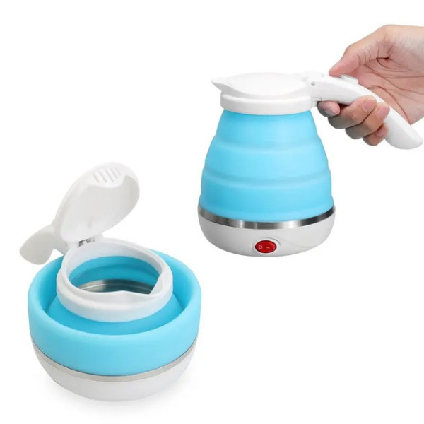 Складной электрочайник Electric Kettle силиконовый походный дорожный голубой 600 мл