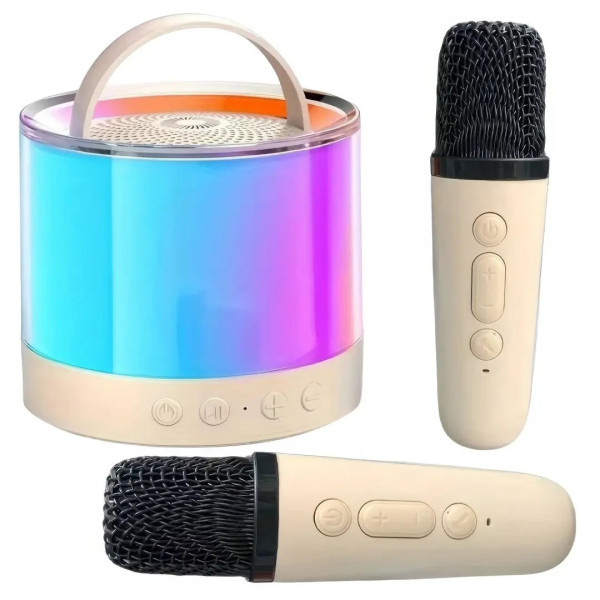 Бежева Bluetooth-колонка K52 для караоке, з RGB-підсвіткою 2 мікрофони