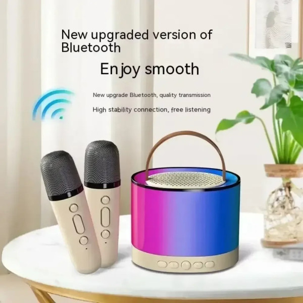 Бежева Bluetooth-колонка K52 для караоке, з RGB-підсвіткою 2 мікрофони