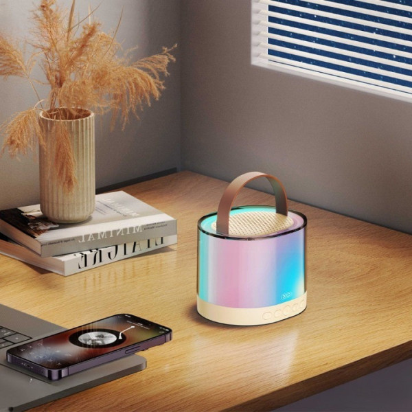 Бежева Bluetooth-колонка K52 для караоке, з RGB-підсвіткою 2 мікрофони