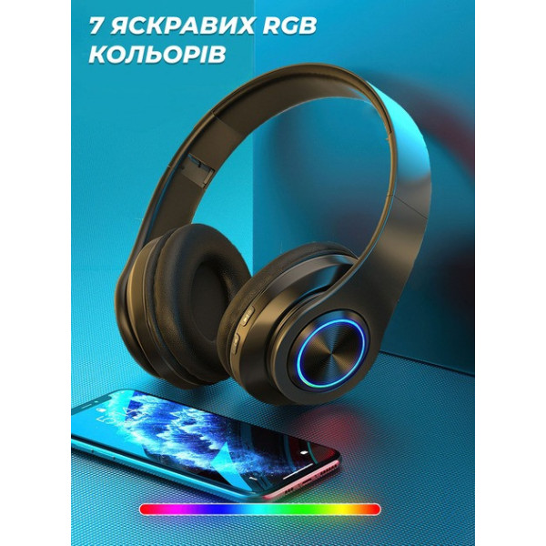 Наушники Bluetooth B39 с RGB подсветкой и встроенным микрофоном, гарнитура черно-белая
