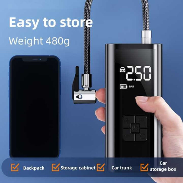 Компрессор портативный с LED дисплеем, Power Bank и фонариком 6000 мАч для шин