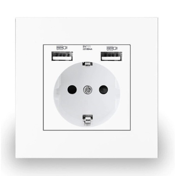 Розетка пластиковая с заземлением и двумя USB портами Coswall White