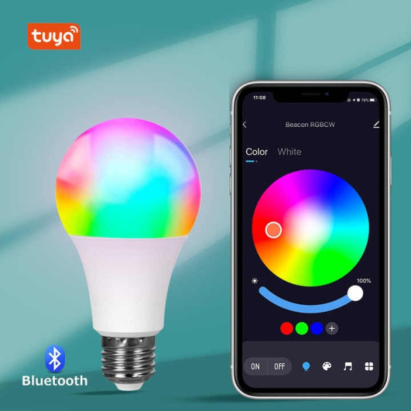 Лампа розумна RGB LED з кольоровим і білим світлом Tuya E27 Bluetooth