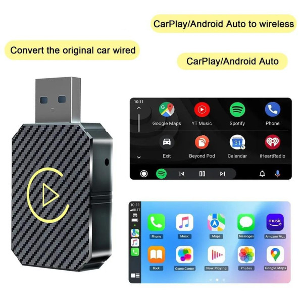 Беспроводной автомобильный адаптер USB Bluetooth для CarPlay и Android Auto черный
