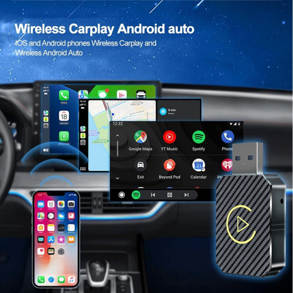 Беспроводной автомобильный адаптер USB Bluetooth для CarPlay и Android Auto черный
