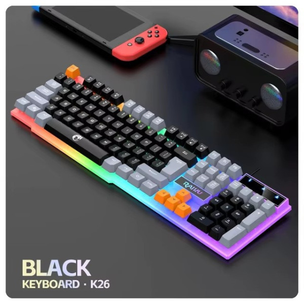Проводная мембранная клавиатура Raiku K26 с подсветкой, 104 клавиши, USB, игровая, эргономичная, черная
