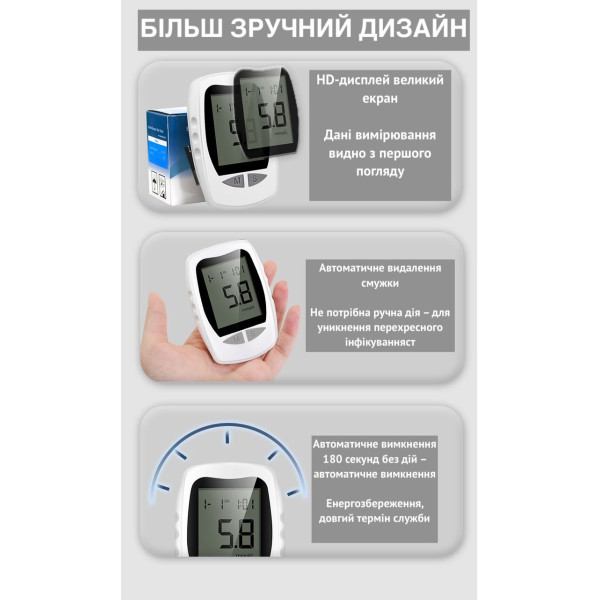Глюкометр для контроля сахара с комплектом 50 тест-полосок и ланцетов, память на 180 измерений, без кодировки