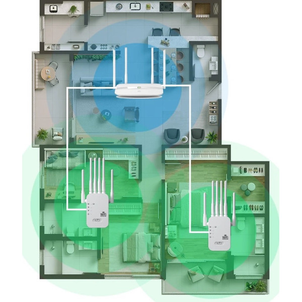 Двухдиапазонный Wi-Fi репитер 2.4/5 ГГц 1200 Мбит/с, 6 антенн, RJ45, режим повторителя