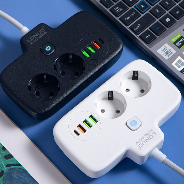 Сетевой фильтр LDNIO SE2436 с USB, QC3.0, PD 20Вт, 2 розетки EU, 4 USB, защита от перегрева