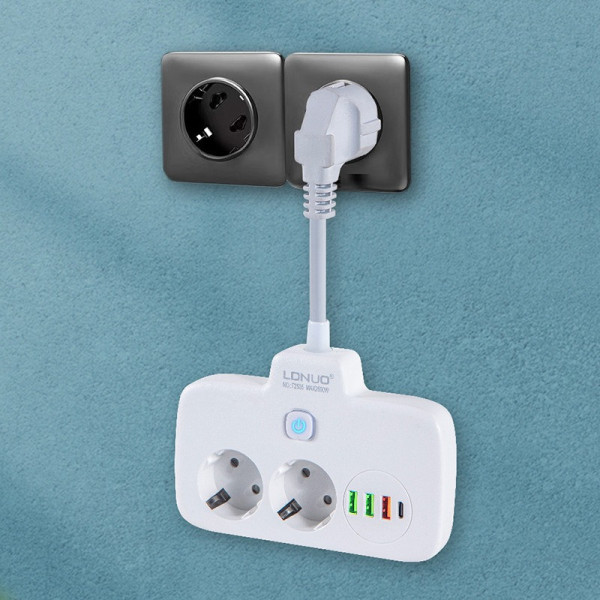 Сетевой фильтр LDNIO SE2436 с USB, QC3.0, PD 20Вт, 2 розетки EU, 4 USB, защита от перегрева