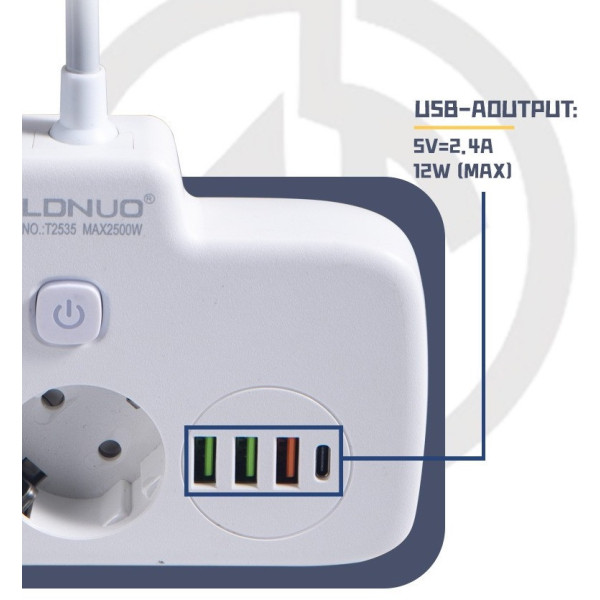 Сетевой фильтр LDNIO SE2436 с USB, QC3.0, PD 20Вт, 2 розетки EU, 4 USB, защита от перегрева
