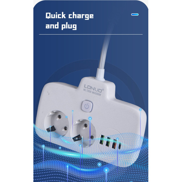 Сетевой фильтр LDNIO SE2436 с USB, QC3.0, PD 20Вт, 2 розетки EU, 4 USB, защита от перегрева