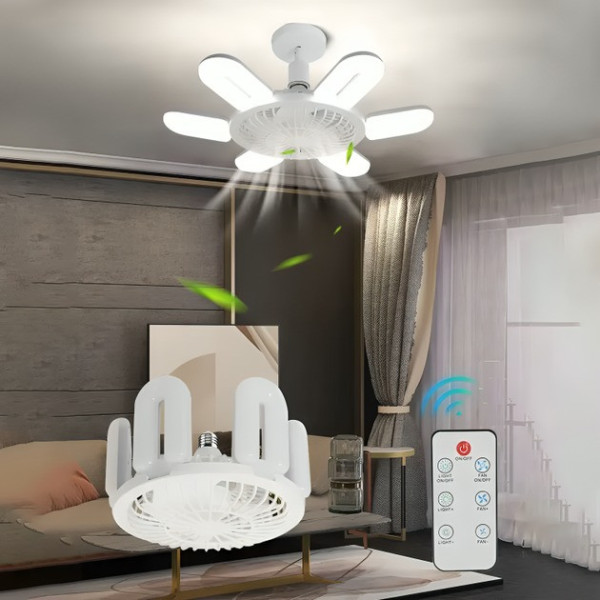 Лампа-вентилятор LED 60Вт 6U с патроном E27, пульт и 3 режима, белая