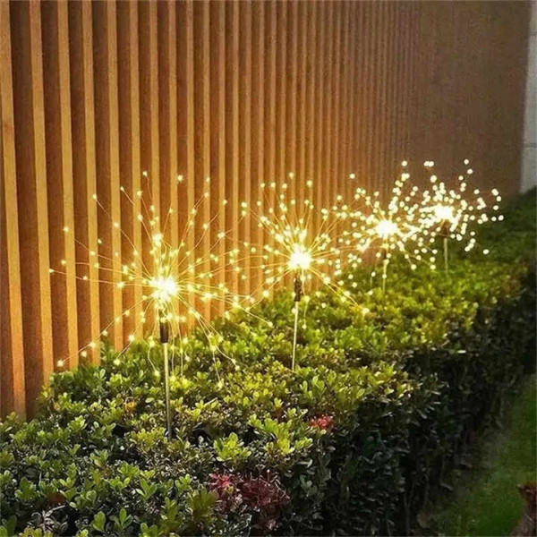 Солнечный LED фонарь для газона «Фейерверк», 180 LED, теплый белый, IP65, телескопическая установка