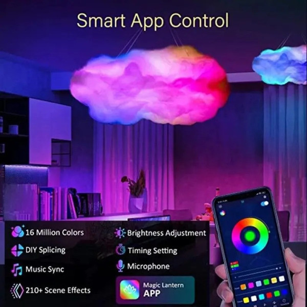 Подвесной смарт-светильник TouCloud в форме облака с RGB LED-подсветкой, управлением через приложение и пульт