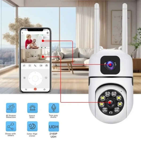 Уличная поворотная Wi-Fi камера видеонаблюдения с двумя объективами Dual Lens E10 4K 8MP, ночное видение