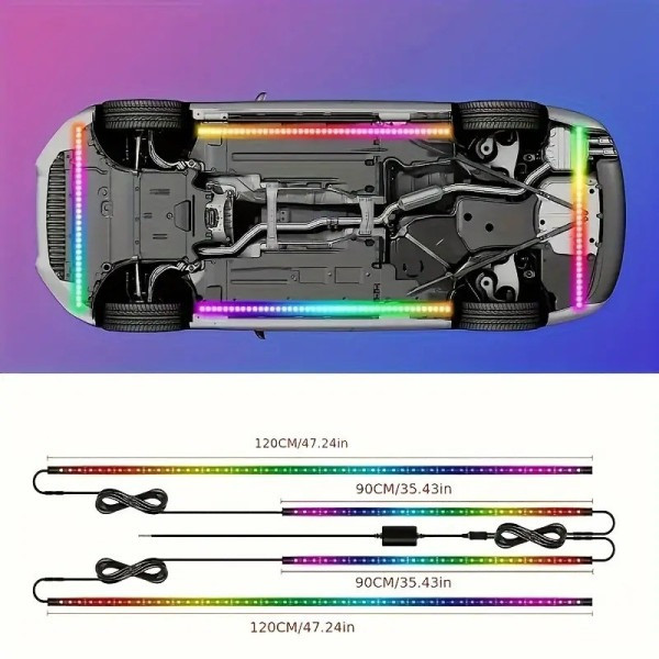 Автомобільна світлодіодна RGB-підсвітка днища з Bluetooth керуванням і музичним режимом, комплект 4 стрічки