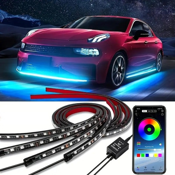 Автомобільна світлодіодна RGB-підсвітка днища з Bluetooth керуванням і музичним режимом, комплект 4 стрічки