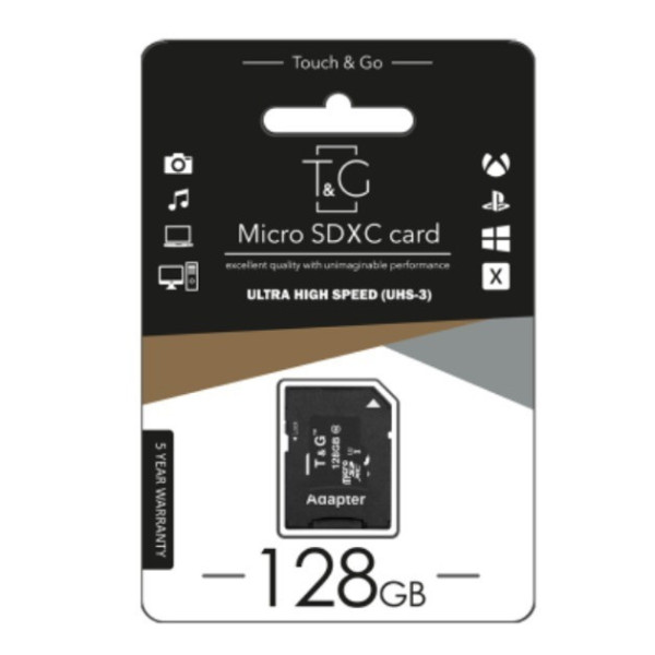 Карта памяти MicroSDXC 128 ГБ Class 10 UHS-I U3 с адаптером T&G для телефонов, камер и видеорегистраторов