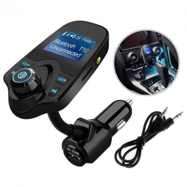 FM-модулятор T10 Bluetooth для авто  трансмітер з USB, AUX, microSD, зарядкою та LCD-екраном