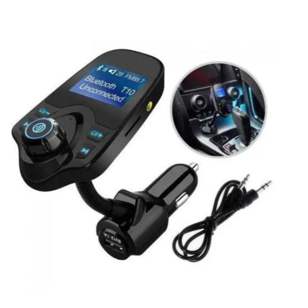 FM-модулятор T10 Bluetooth для авто  трансмітер з USB, AUX, microSD, зарядкою та LCD-екраном
