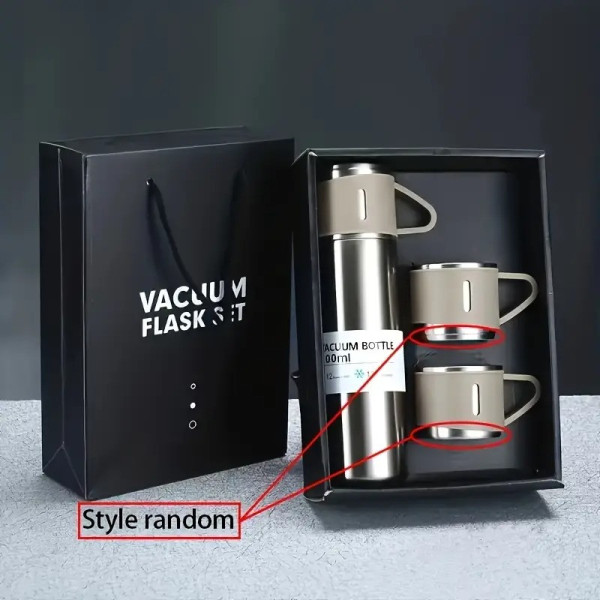 Термос Vacuum Bottle 500 мл с 3 чашками  вакуумная изоляция, нержавеющая сталь, подарочная упаковка