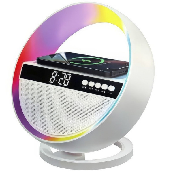 Колонка-ночник G5 с часами, RGB-подсветкой и беспроводной зарядкой Bluetooth акустика 5 Вт, будильник, USB, FM