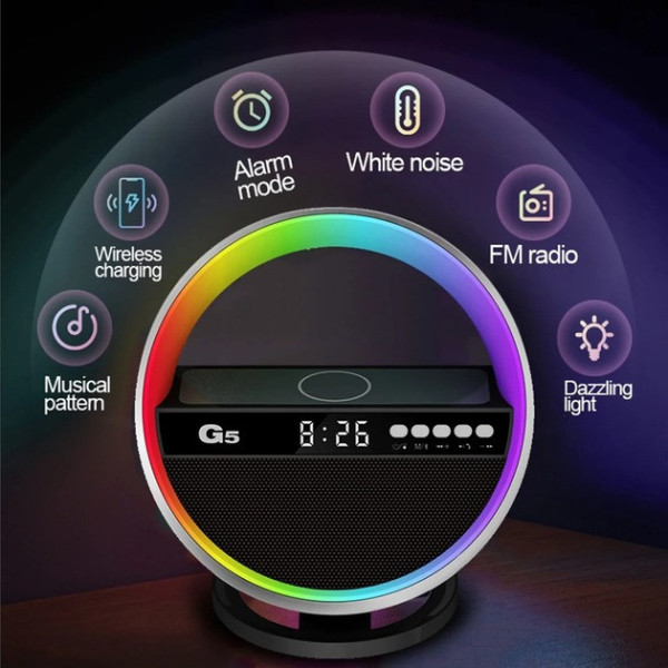Колонка-ночник G5 с часами, RGB-подсветкой и беспроводной зарядкой Bluetooth акустика 5 Вт, будильник, USB, FM
