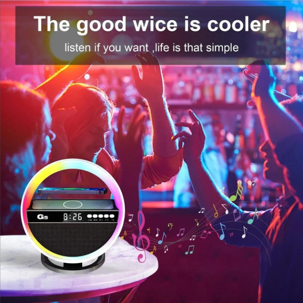 Колонка-ночник G5 с часами, RGB-подсветкой и беспроводной зарядкой Bluetooth акустика 5 Вт, будильник, USB, FM