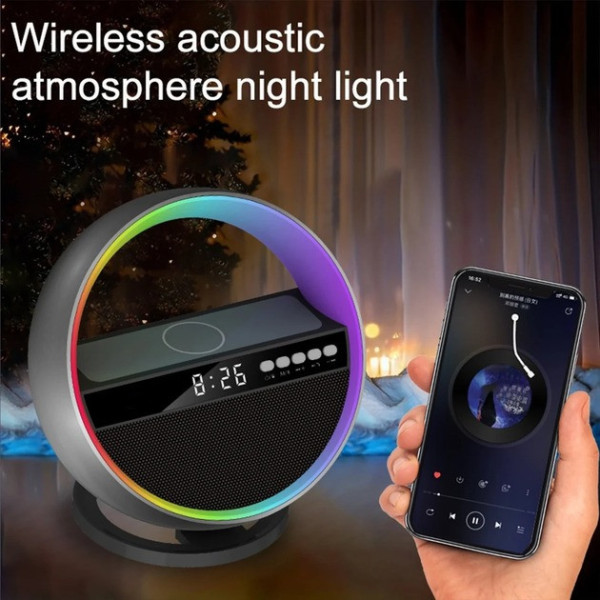 Колонка-ночник G5 с часами, RGB-подсветкой и беспроводной зарядкой Bluetooth акустика 5 Вт, будильник, USB, FM