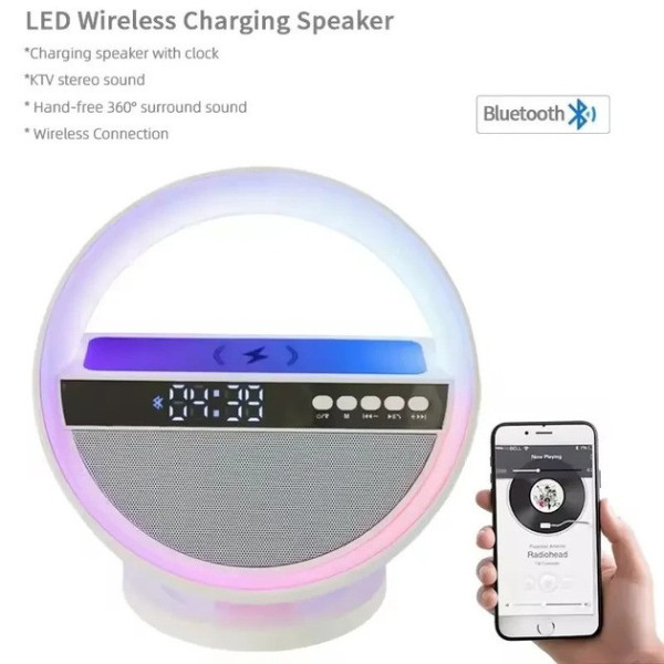 Колонка-ночник G5 с часами, RGB-подсветкой и беспроводной зарядкой Bluetooth акустика 5 Вт, будильник, USB, FM
