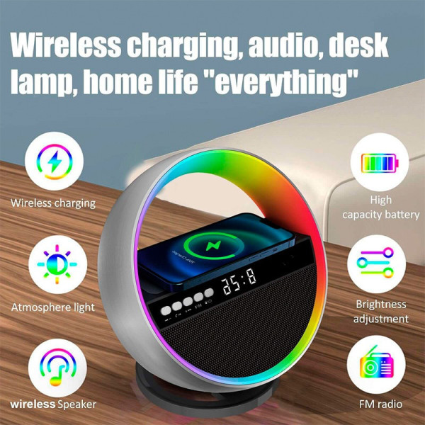 Колонка-ночник G5 с часами, RGB-подсветкой и беспроводной зарядкой Bluetooth акустика 5 Вт, будильник, USB, FM