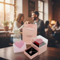 Набор подарочный с ожерельем и декоративной розой I love you в розовой коробке