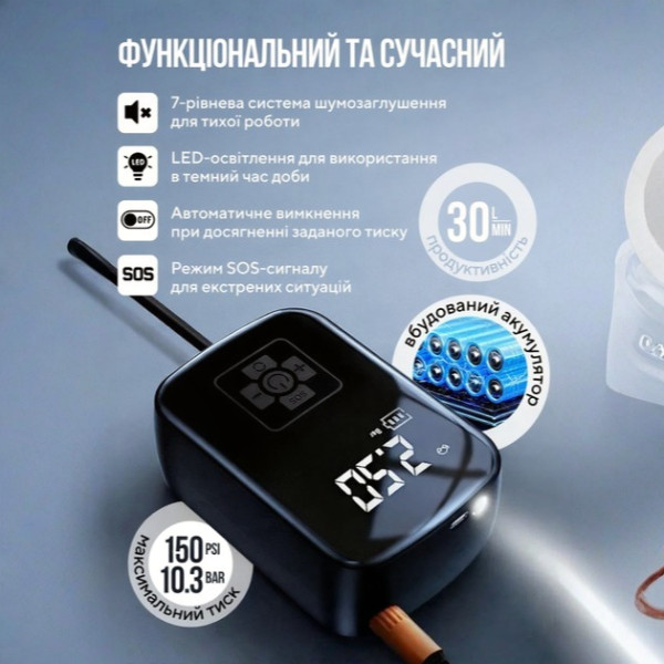 Авто компрессор портативный для подкачки шин и колес аккумуляторный 10 бар 150 PSI с экраном