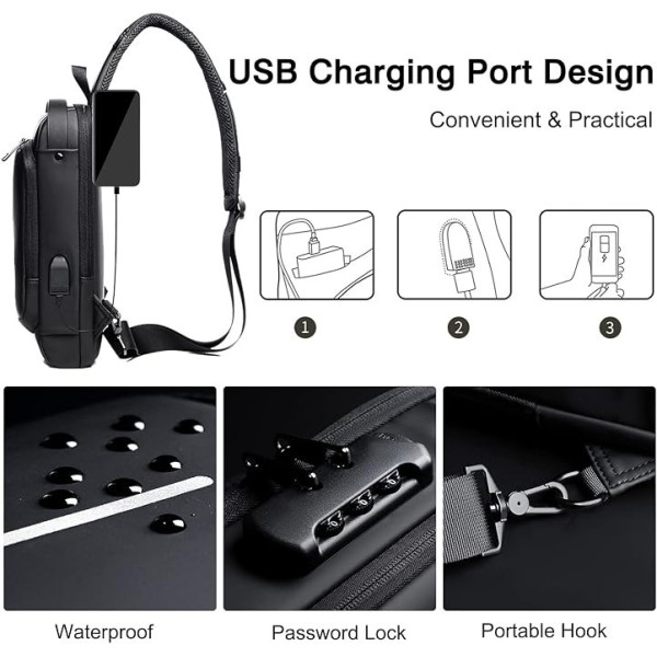 Сумка слинг мужская XL-1515 через плечо городская нагрудная USB зарядка кодовый замок Oxford