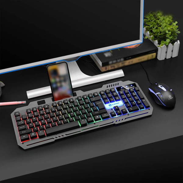Комплект клавиатура с мышью T25 игровой USB RGB проводной подсветка металлическое основание смартфон подставка черный