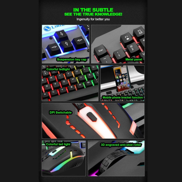 Комплект клавиатура с мышью T25 игровой USB RGB проводной подсветка металлическое основание смартфон подставка черный