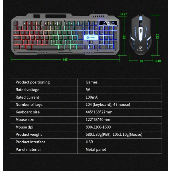 Комплект клавиатура с мышью T25 игровой USB RGB проводной подсветка металлическое основание смартфон подставка черный