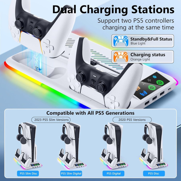 Охлаждающая подставка PS5 зарядная станция RGB вентилятор 2 геймпада 3 USB порта для охлаждения и организации игрового