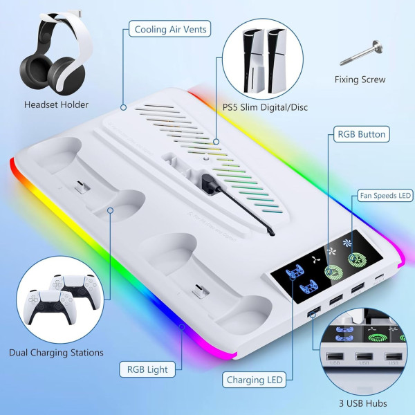Охлаждающая подставка PS5 зарядная станция RGB вентилятор 2 геймпада 3 USB порта для охлаждения и организации игрового