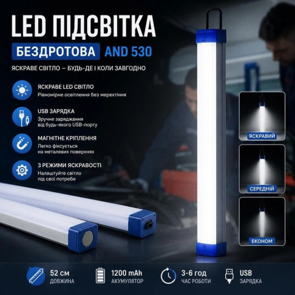 Беспроводная LED подсветка Флейта 52 см магнитная аккумуляторная для шкафа кухни коридора яркое освещение дома
