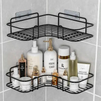 Полка угловая для ванной и кухни Storage Rack AND-054, металлический органайзер 2 шт без сверления на липучках, черная
