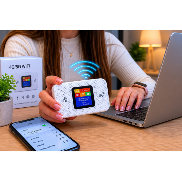 Портативный 4G/5G Wi-Fi роутер с экраном аккумулятором 3000 мАч и SIM-картой для подключения до 10 устройств одновременно