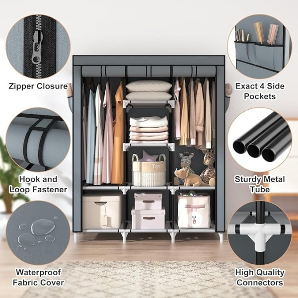 Универсальный тканевый шкаф Storage Wardrobe 88130 с 8 полками и 3 секциями для одежды обуви и домашнего хранения