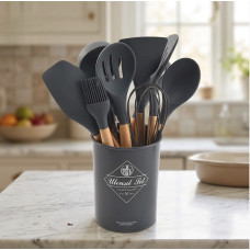 Набор кухонных принадлежностей Kitchen Set 12 предметов силиконовый комплект с деревянными ручками для кухни