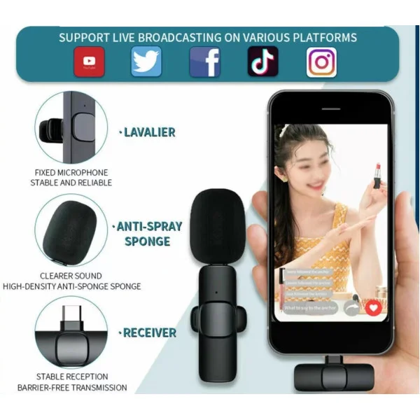 Мікрофон петличний бездротовий з адаптером Lightning Type-C K9 Wireless Lavalier